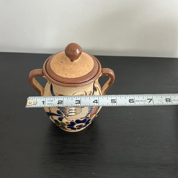 Tonala Mexican  Pottery Folk Art With Lid Double Handle Floral Bird Design - Picture 11 of 14